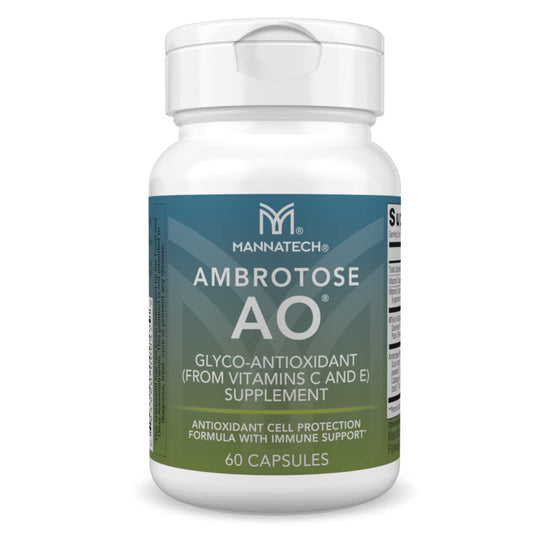 Mannatech Ambrotose AO 60 capsules bottle highlighting convenient daily antioxidant support.