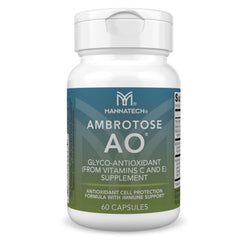 Mannatech Ambrotose AO 60 capsules bottle highlighting convenient daily antioxidant support.