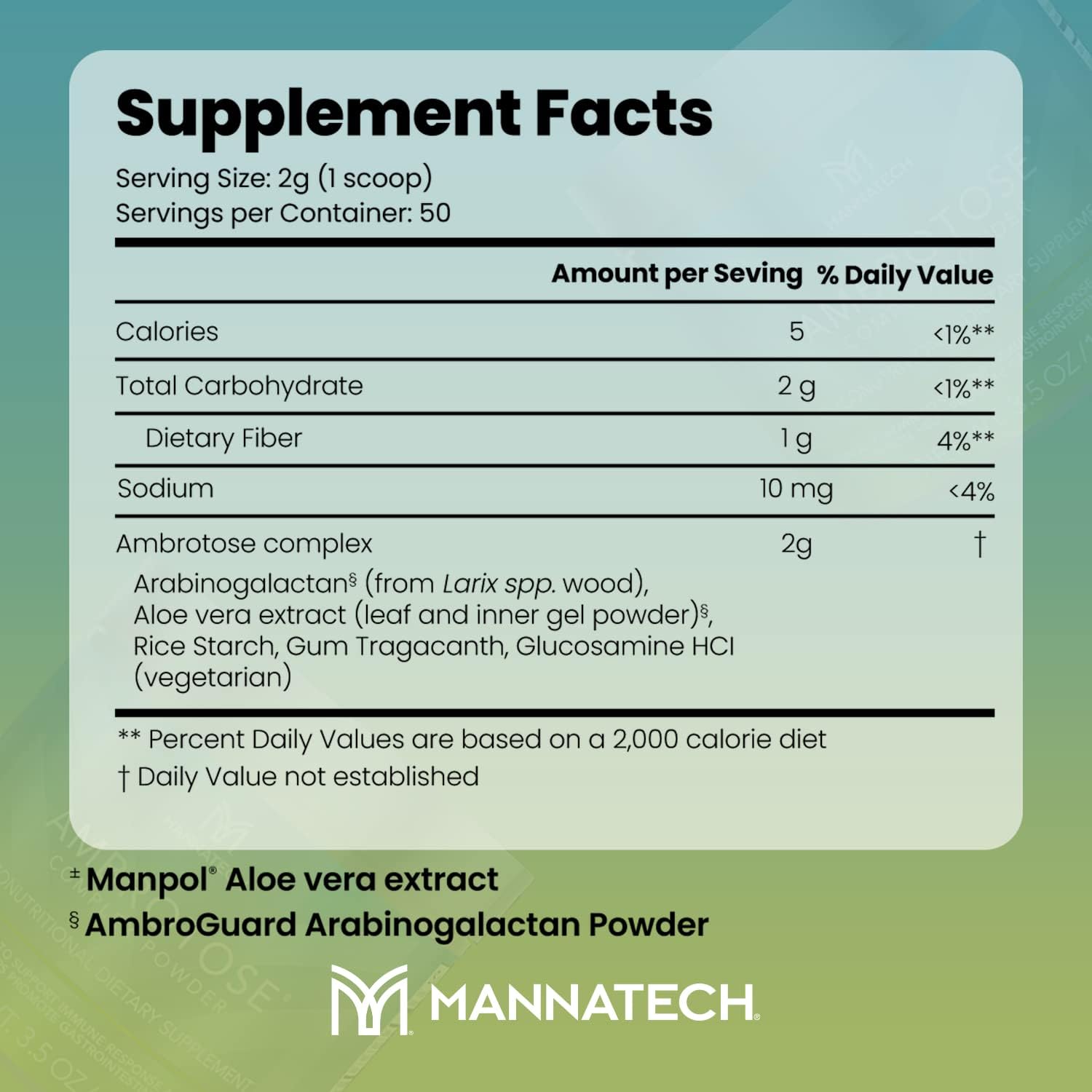 Mannatech Ambrotose Complex powder near a spoon showing aloe blend for digestion.