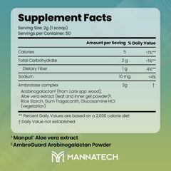 Mannatech Ambrotose Complex powder near a spoon showing aloe blend for digestion.