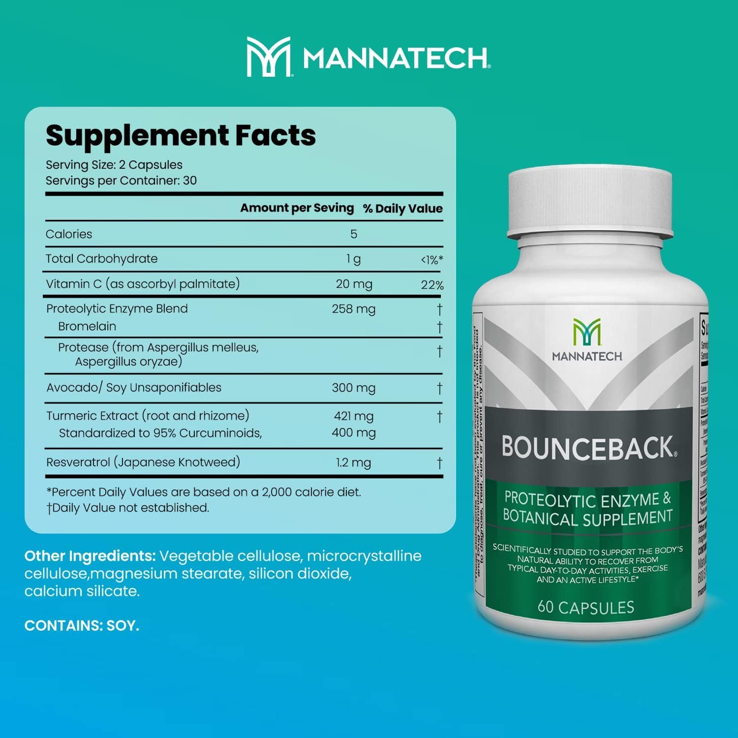 Mannatech BounceBack bottle-label close-up highlighting turmeric and enzyme blend.