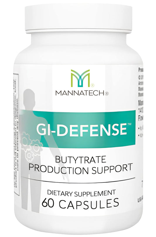 Mannatech Butyrate bottle label showing GI-Defense packaging for gut support