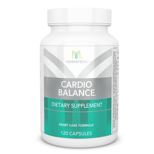 Mannatech CardioBALANCE bottle pour shows easy-to-swallow capsules for daily heart-support nourishment.