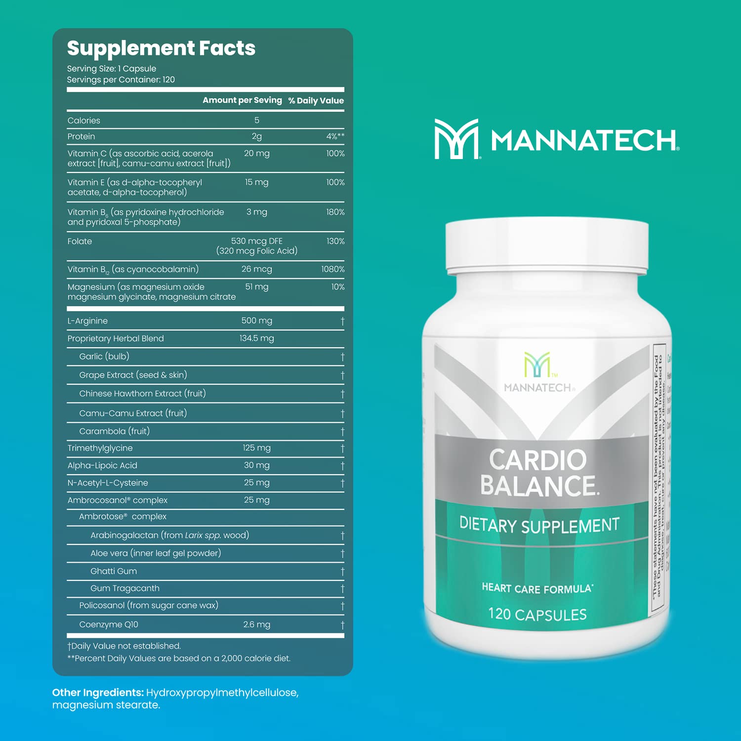 Mannatech CardioBALANCE capsules close-up highlighting a vitamin blend with L-Arginine and CoQ10.