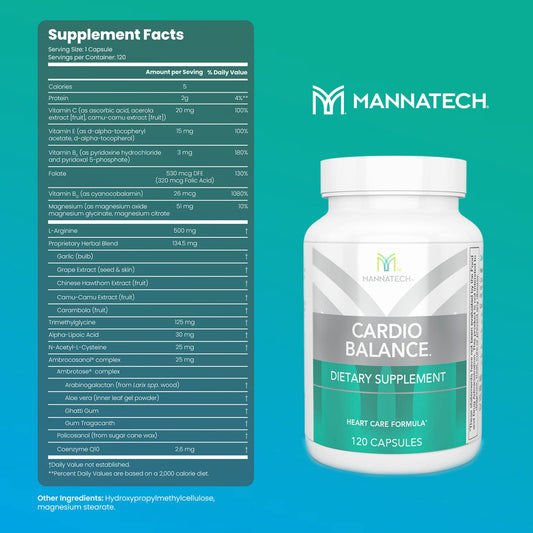 Mannatech CardioBALANCE capsules close-up highlighting a vitamin blend with L-Arginine and CoQ10.
