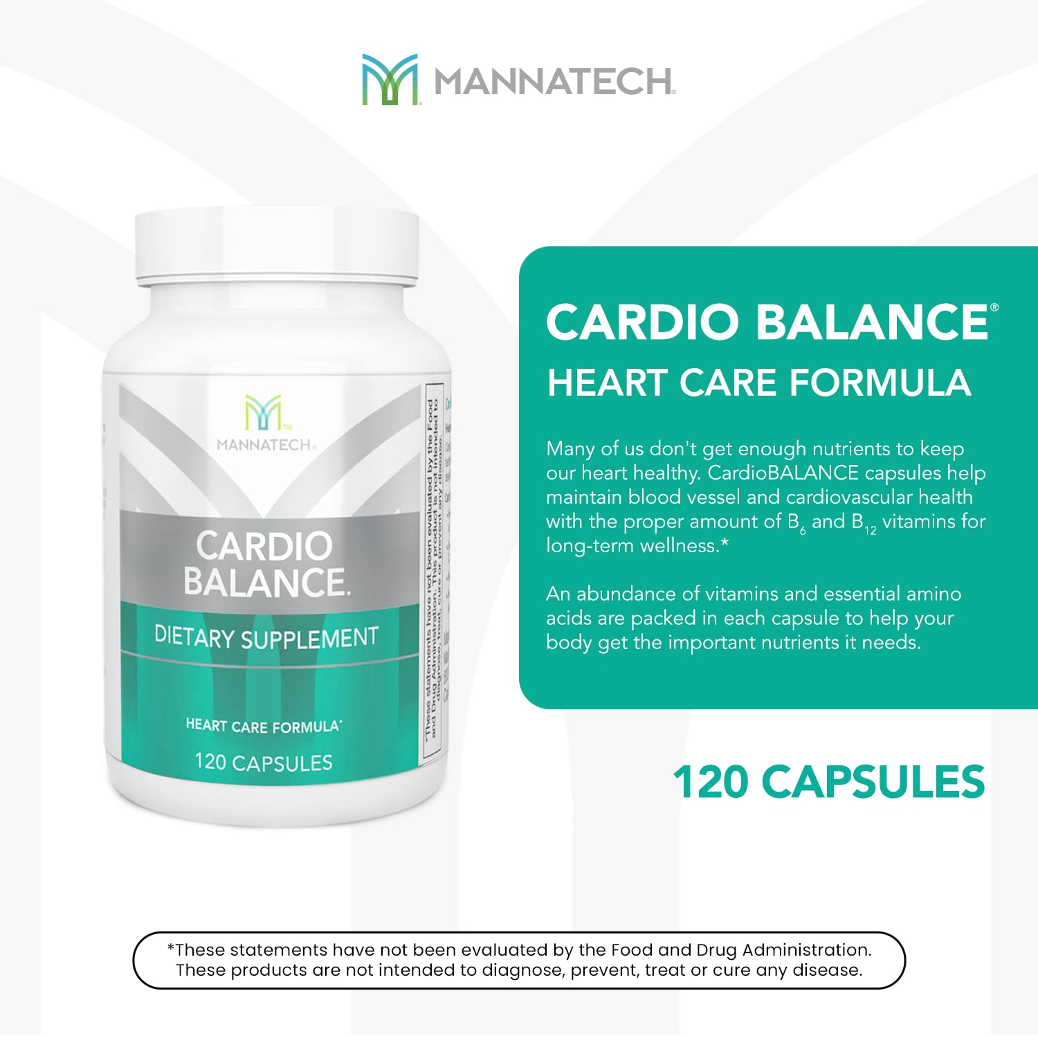 Mannatech CardioBALANCE ingredients label lists folic acid and essential B vitamins for balanced support.