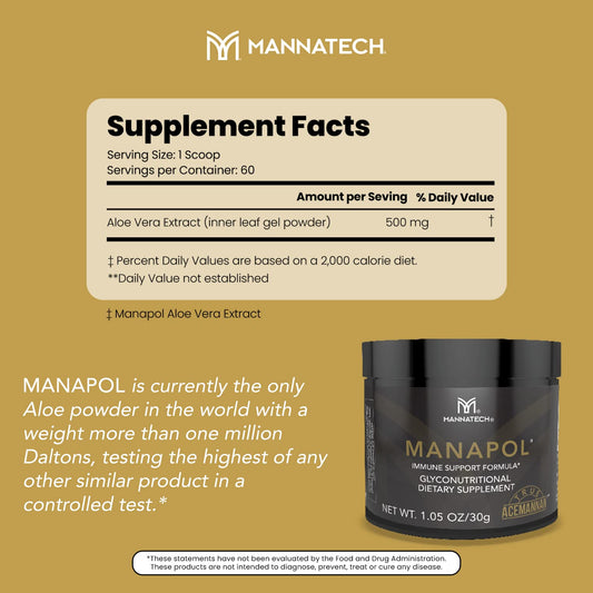 Mannatech Manapol aloe vera powder bottle highlighting purity and glycans