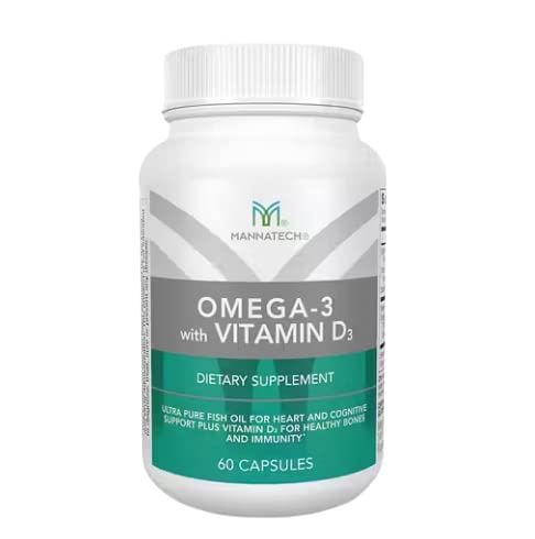 Mannatech Omega-3 with Vitamin D3 bottle on a clean counter for daily health support.