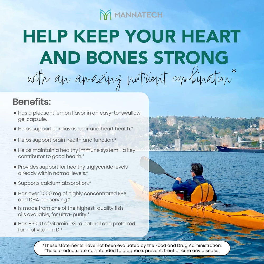 Mannatech Omega-3 with Vitamin D3 packaging label shows trust and clear benefits.