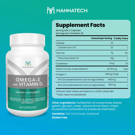 Mannatech Omega-3 with Vitamin D3 softgel capsules highlight easy, lemon-flavored daily intake.