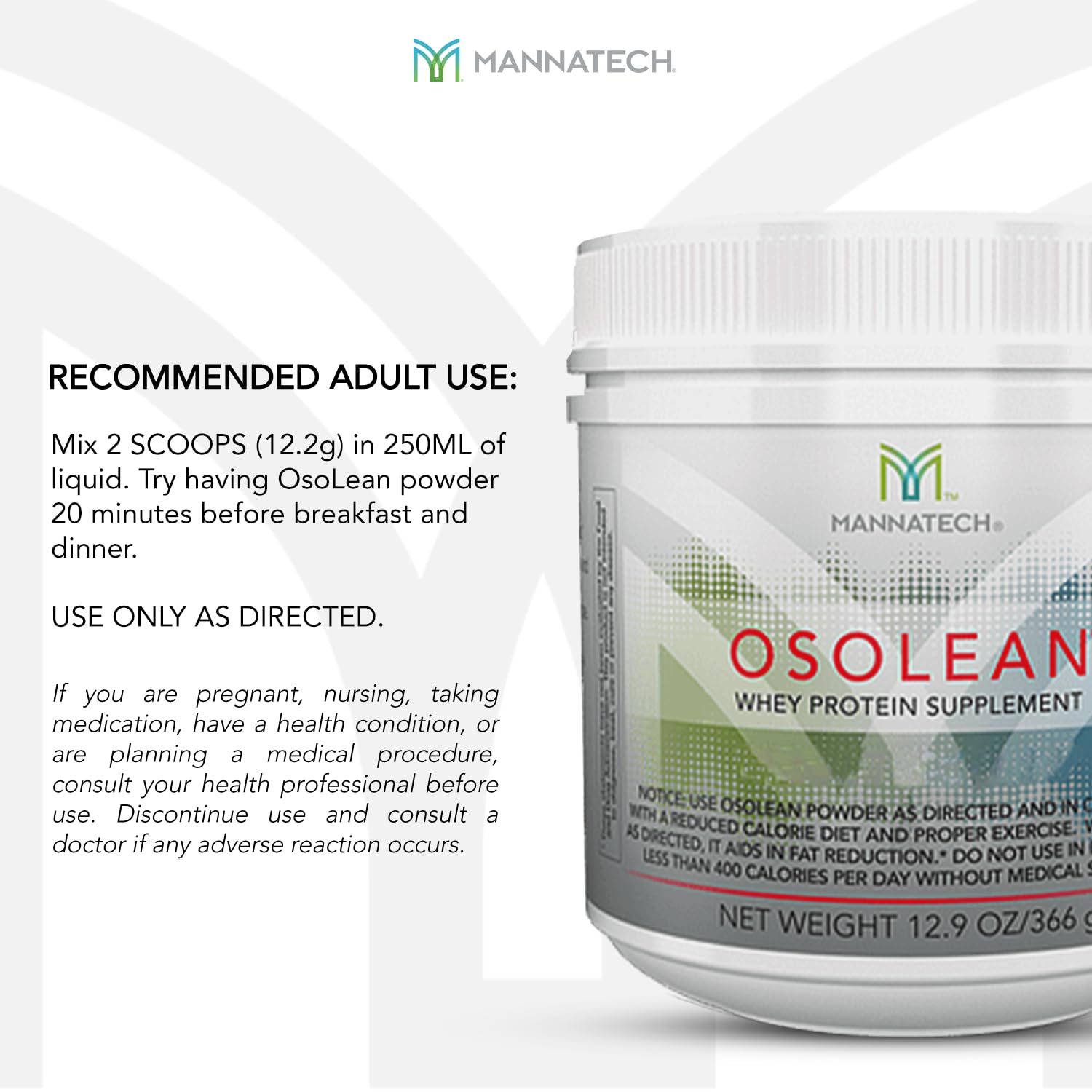 Mannatech OsoLean canister on kitchen shelf for quick meals