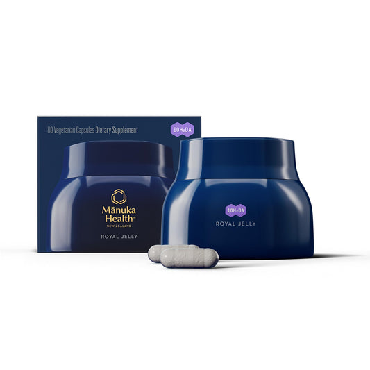 Manuka Health Royal Jelly bottle highlights premium skin support and daily beauty routine.