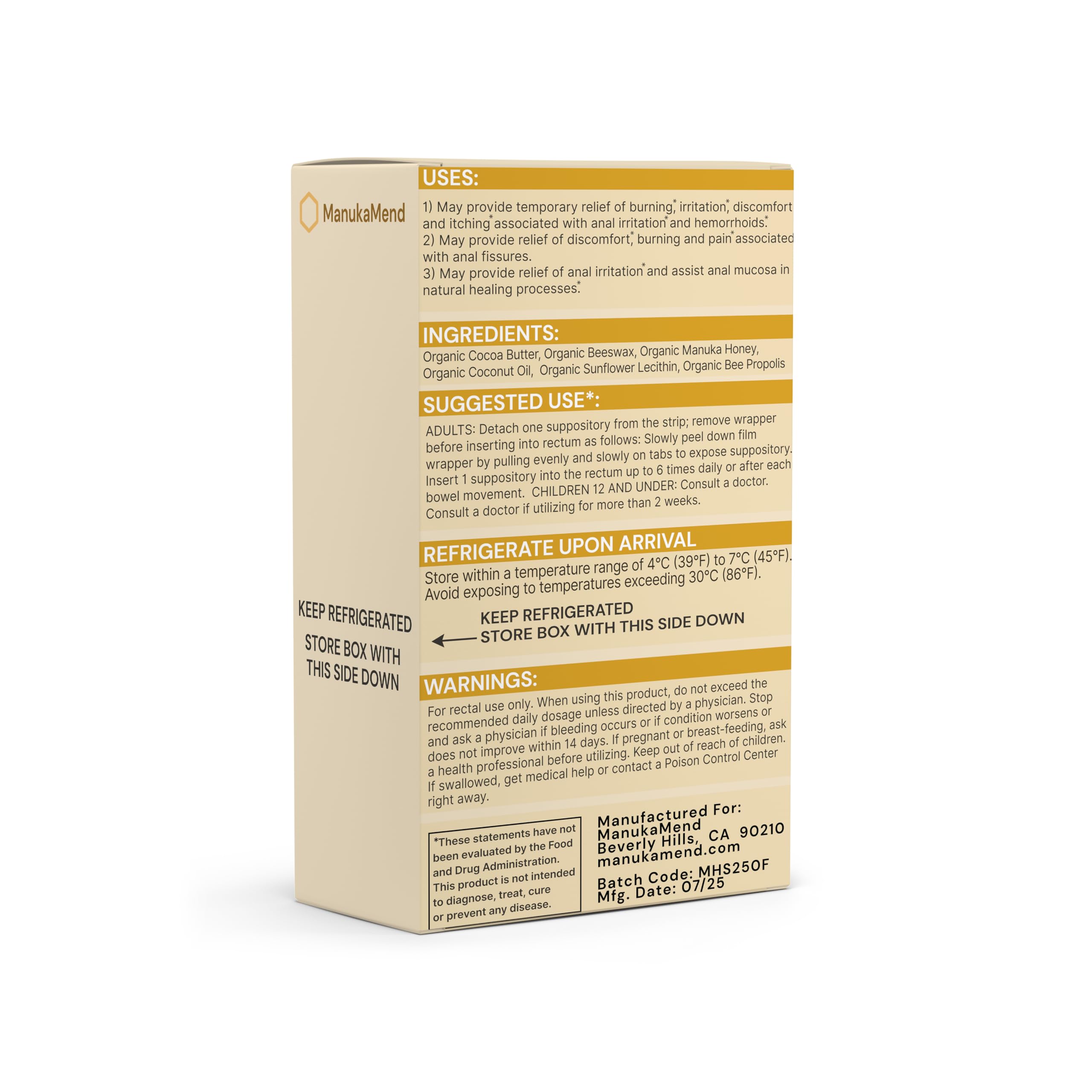 ManukaMend Comfort suppositories closeup, natural ingredients on display for moisture.