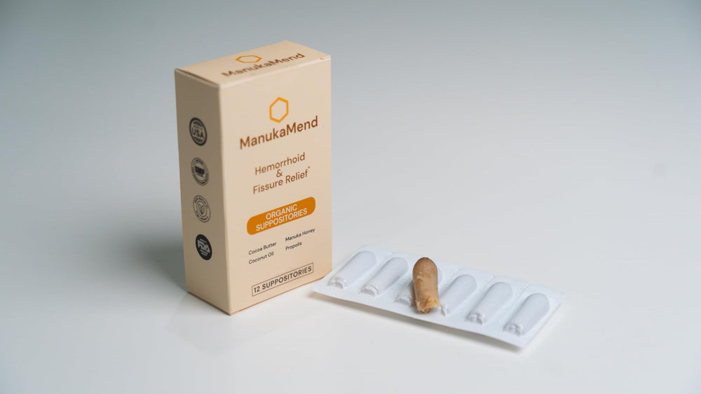 ManukaMend Comfort suppositories honey coconut blend for soothing hydration.