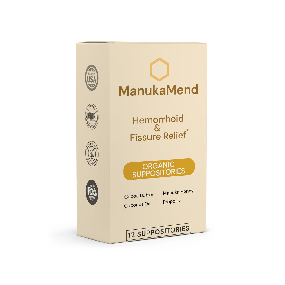 ManukaMend Comfort suppositories packaged, showcasing natural hydration and discreet use.