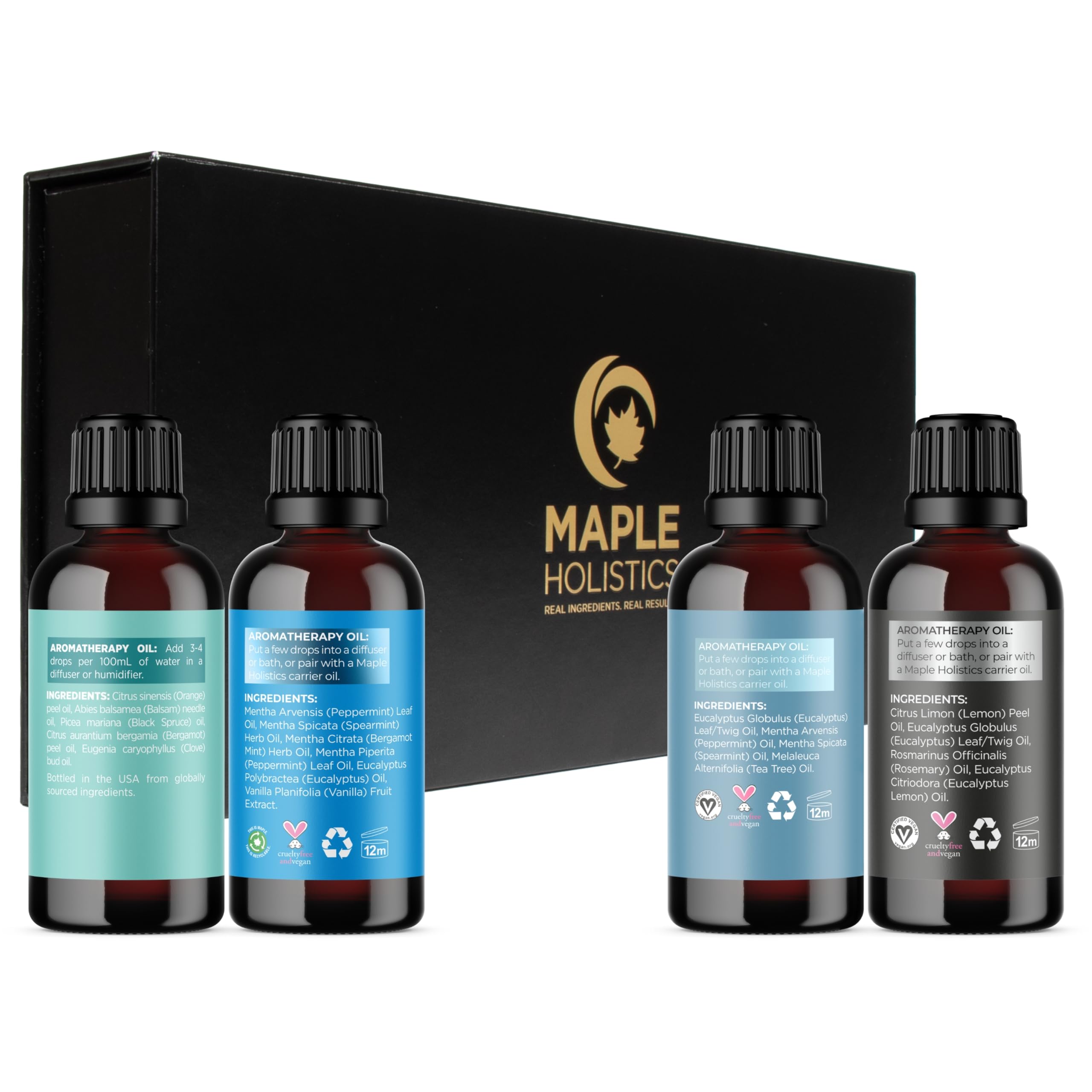 Maple Holistics winter oils set display, showing the four bottles and packaging