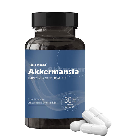 MAPUG Akkermansia probiotic bottle front showing the 100M AFU live strain.
