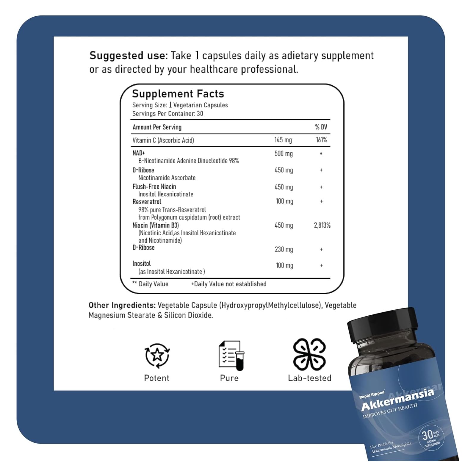MAPUG label highlights patented Akkermansia strain for digestive support.