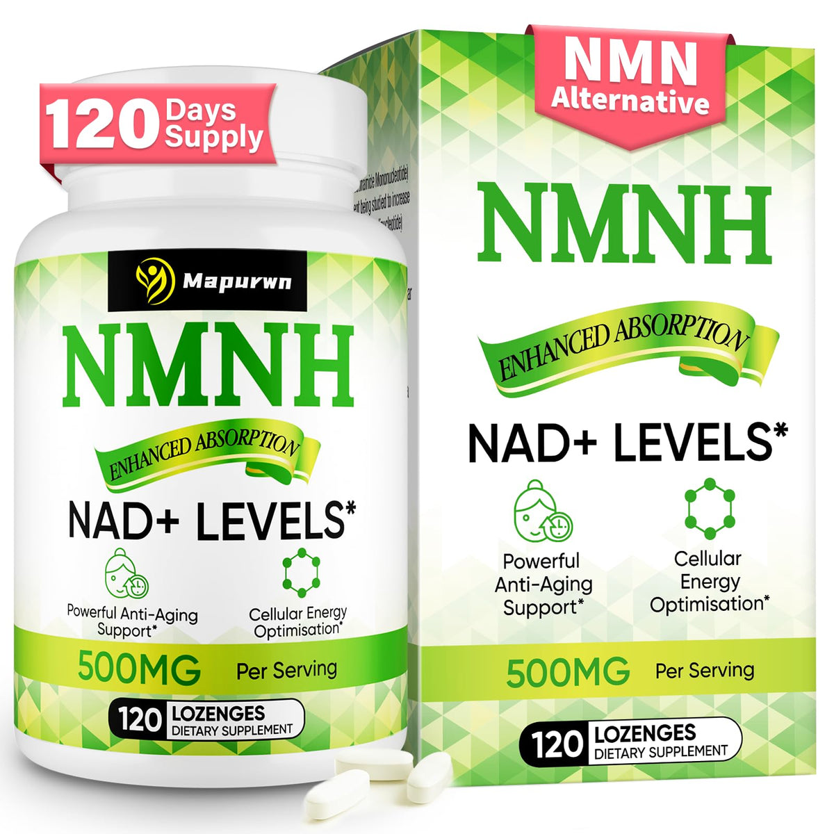 Mapurwn NMNH bottle front highlights premium NAD+ support for daily energy.