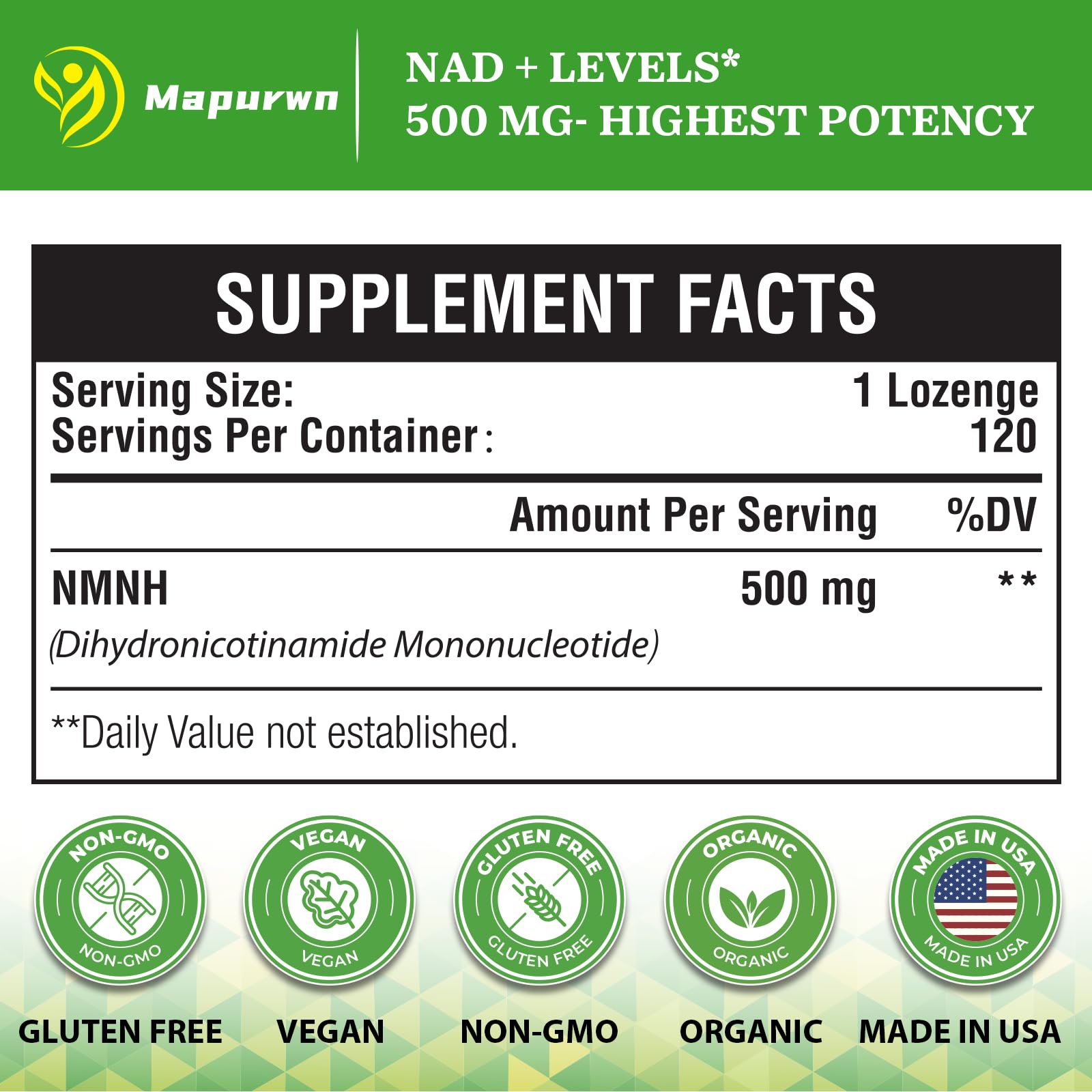 Mapurwn NMNH bottle-label highlighting vegan, NMNH NAD+ potential.
