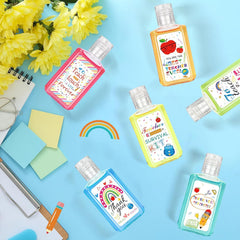 Marhpveua close-up of teacher-theme patterns on sanitizer bottles