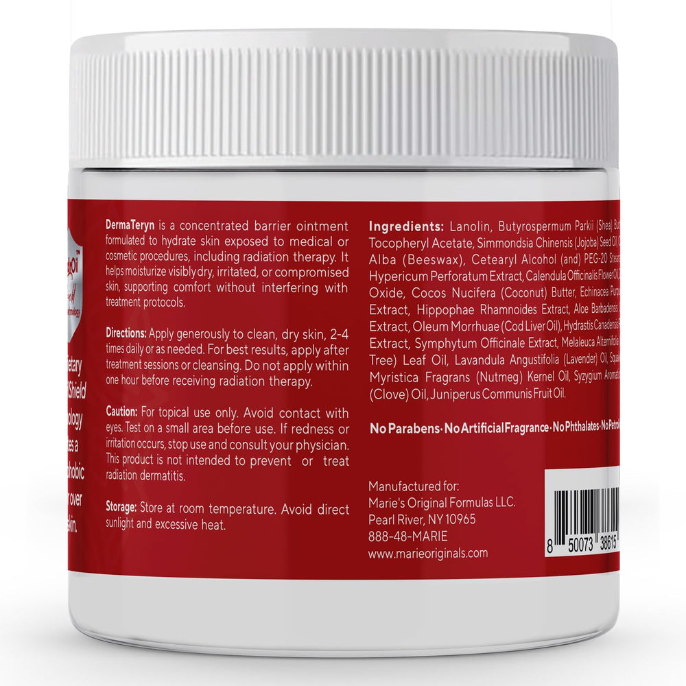 Marie Originals DermaTeryn fragrance-free label signaling a clean, gentle formula.