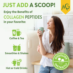 MariGold collagen bottle pours Horchata flavor into a mug