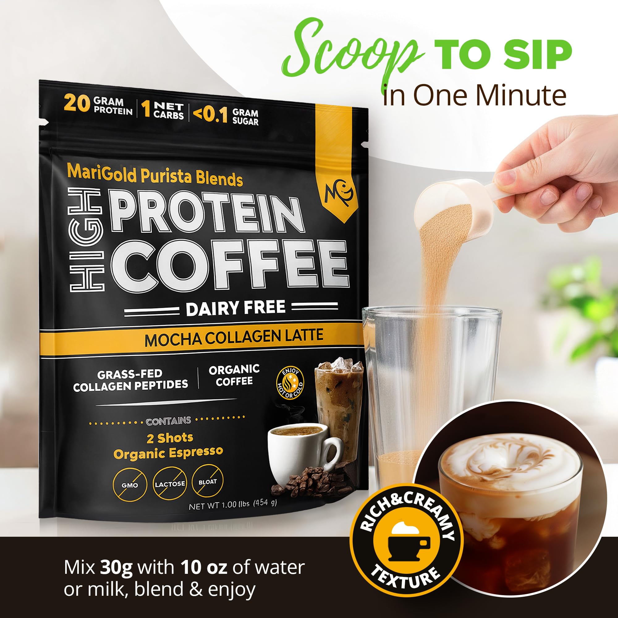 Creamy mocha texture and aroma of MariGold collagen coffee in a glass