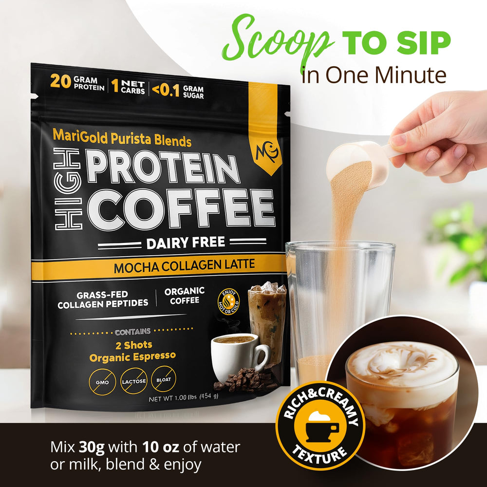 Creamy mocha texture and aroma of MariGold collagen coffee in a glass