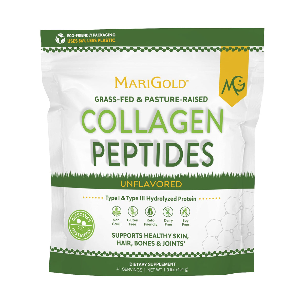 MariGold collagen powder unflavored 1lb bottle blends smoothly into coffee for a daily boost