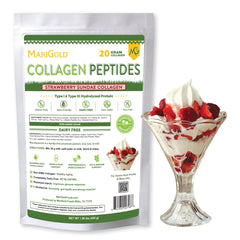 MariGold grass-fed collagen powder bottle highlighting skin support and joint health.