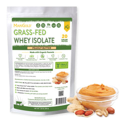 MariGold grass-fed whey isolate peanut butter powder bag showcases clean ingredients for shakes
