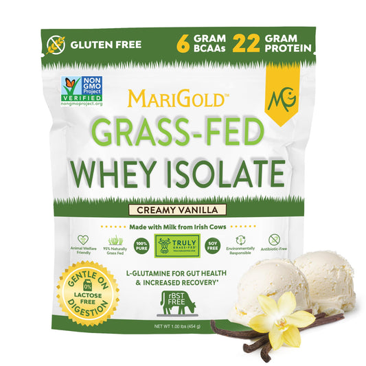 MariGold grass-fed whey isolate vanilla bottle showing creamy flavor and premium quality