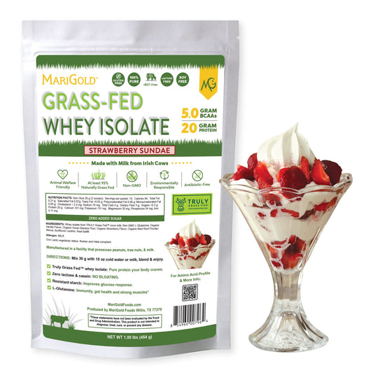 MariGold Grass-Fed Whey Isolate Bottle shows creamy Strawberry Sundae flavor for post-workout fuel