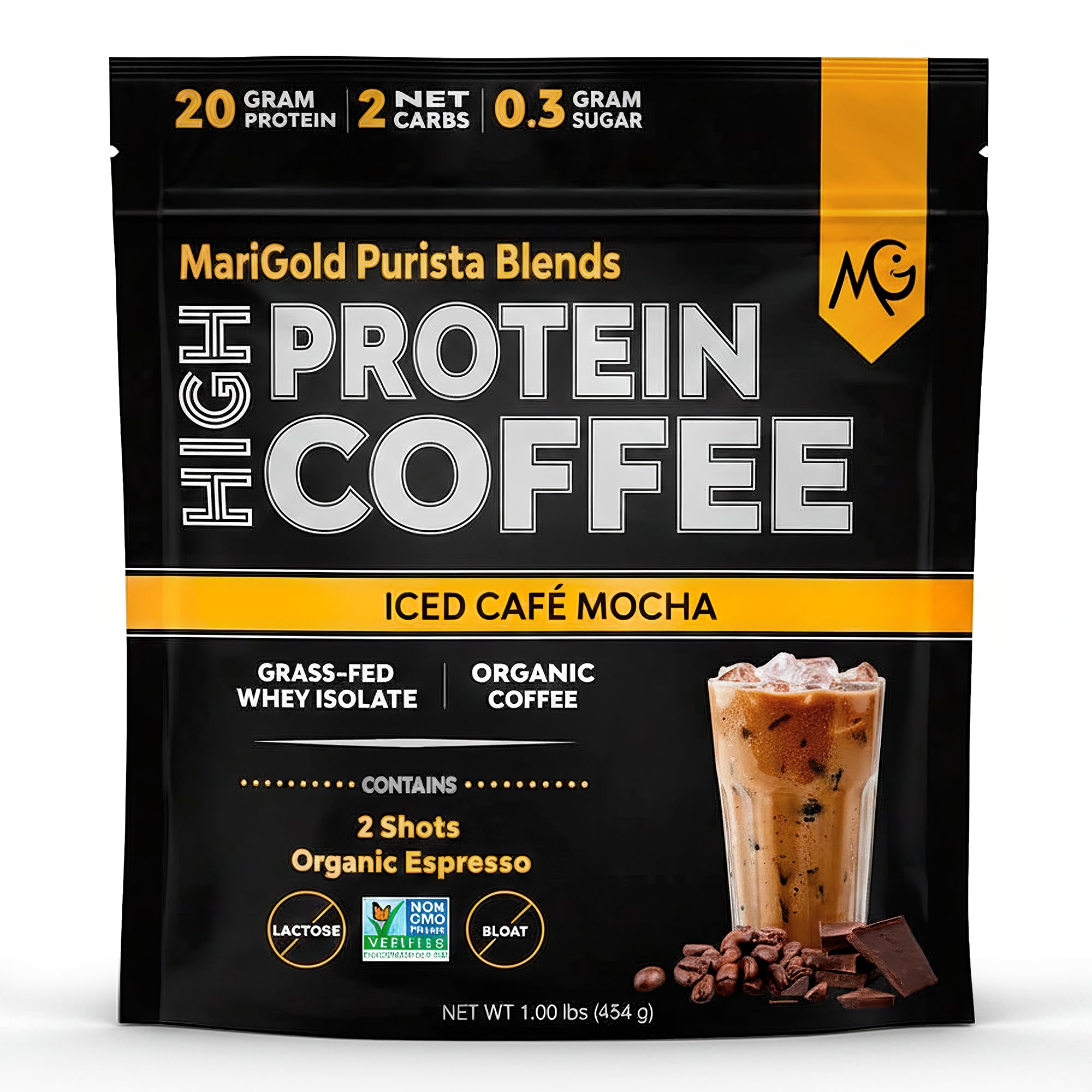 MariGold high protein coffee iced cafe mocha bottle showing refreshing energy for a busy day