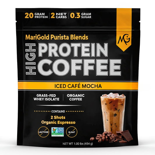 MariGold high protein coffee iced cafe mocha bottle showing refreshing energy for a busy day