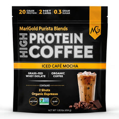 MariGold high protein coffee iced cafe mocha bottle showing refreshing energy for a busy day