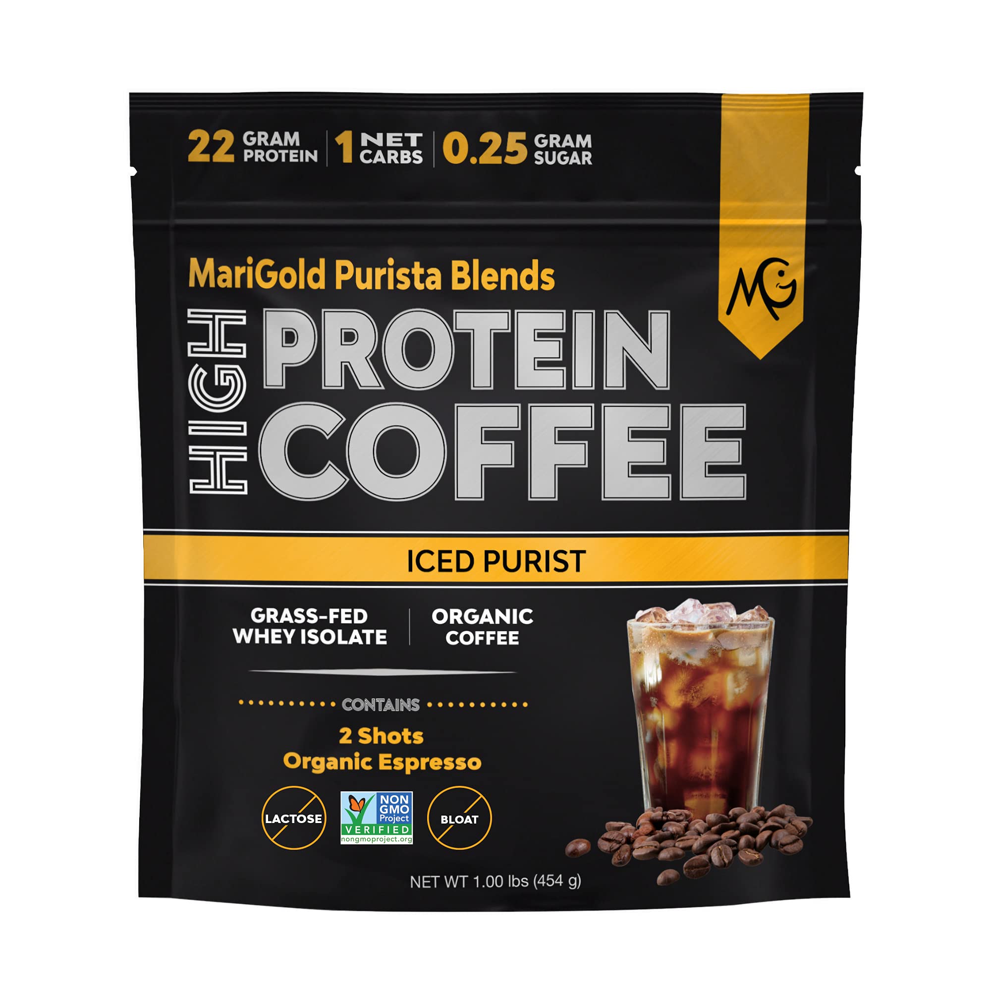 MariGold High Protein Coffee bag packaging for on-the-go protein