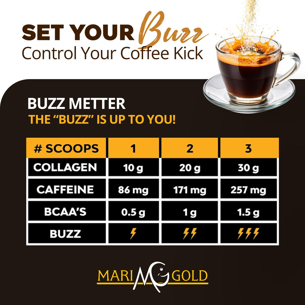 MariGold High Protein Collagen Coffee bag beside scoop and mug