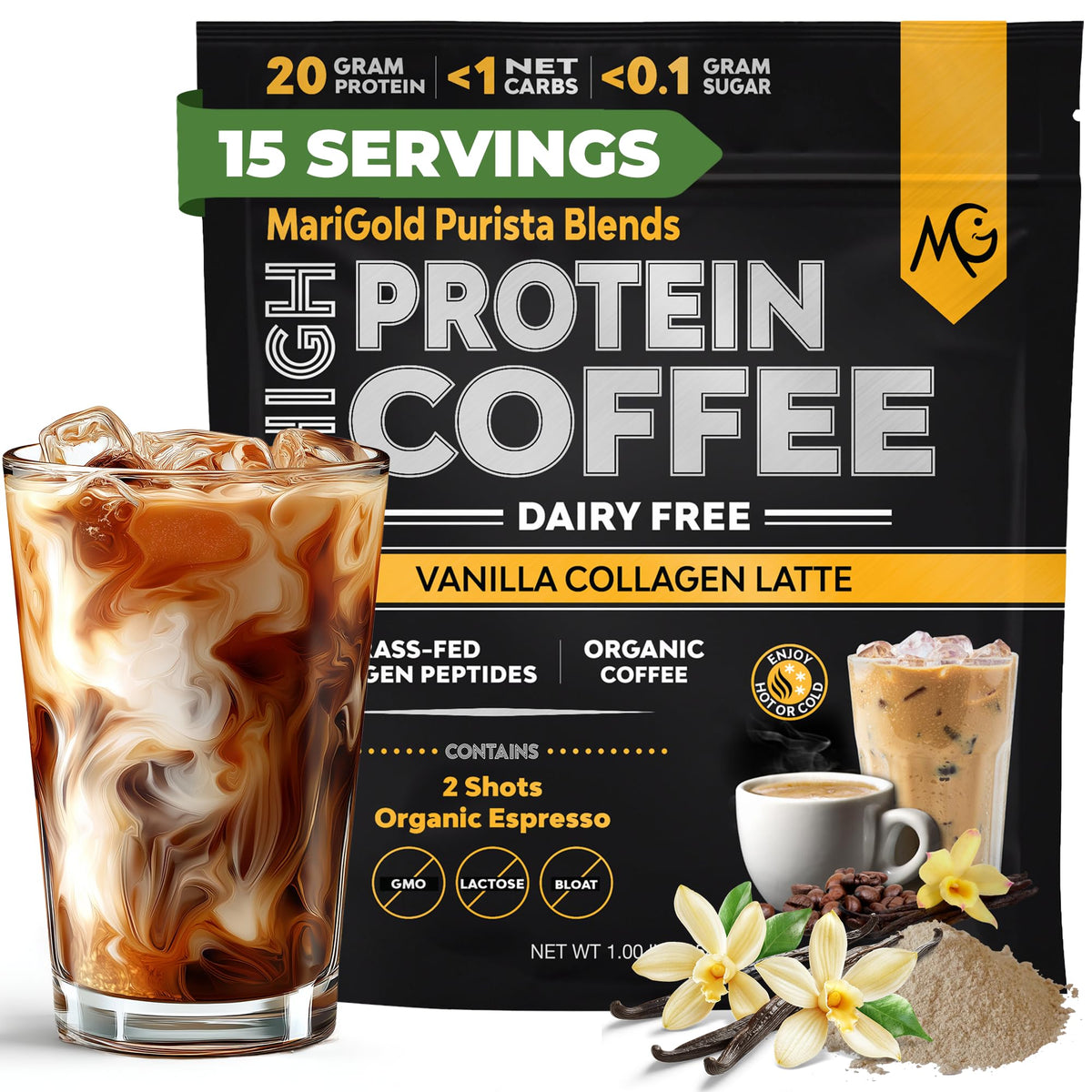 MariGold High Protein Collagen Coffee vanilla bottle highlighting convenient serving and flavor.