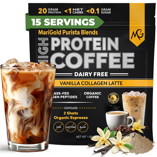 MariGold High Protein Collagen Coffee vanilla bottle highlighting convenient serving and flavor.