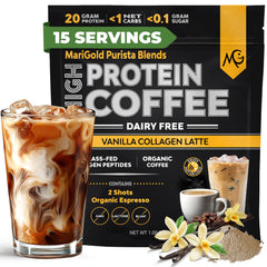 MariGold High Protein Collagen Coffee vanilla bottle highlighting convenient serving and flavor.