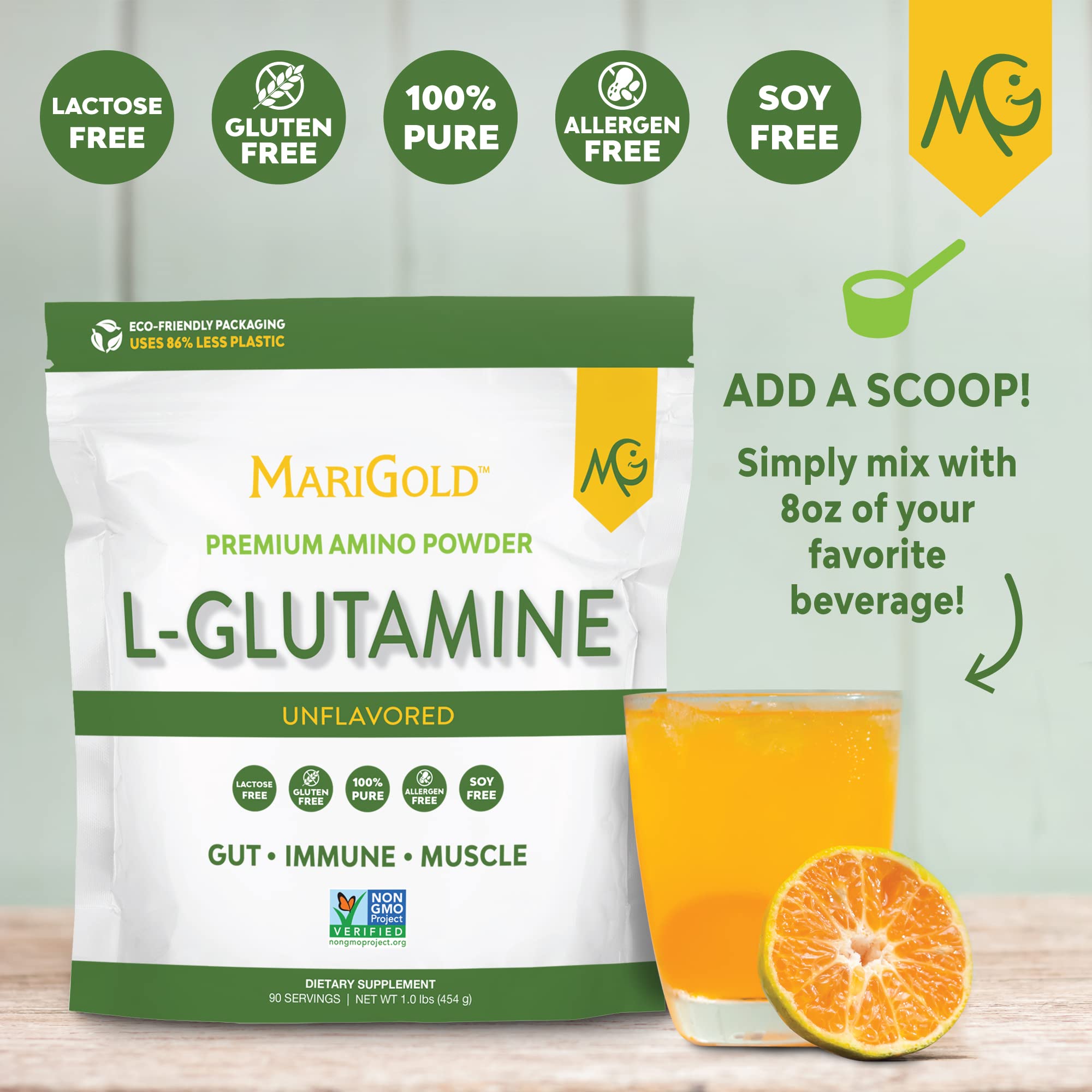 MariGold L-Glutamine powder dissolving in water, easy mixing for everyday gut support.