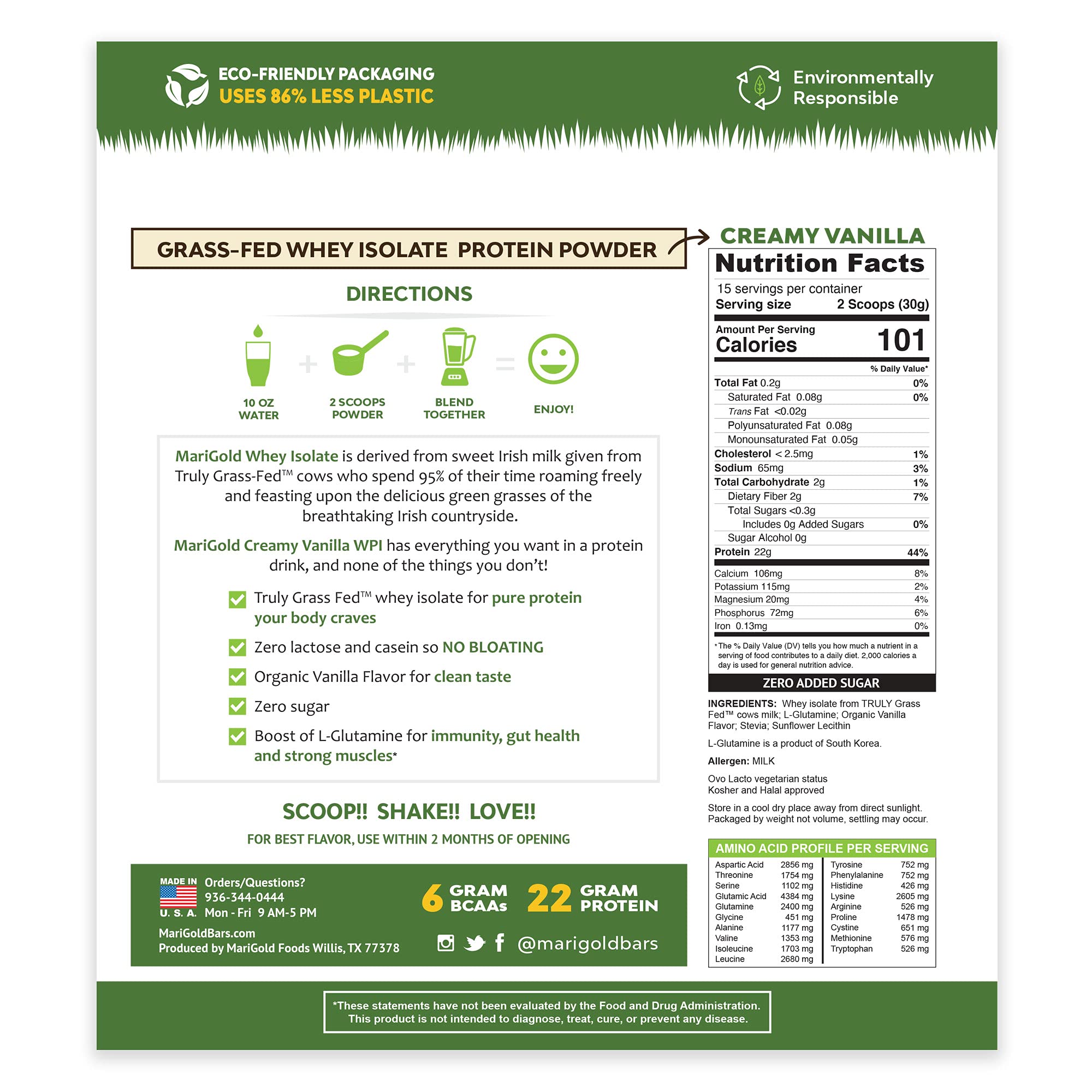 MariGold nutrition panel emphasizes 22g protein and 6g BCAAs per serving