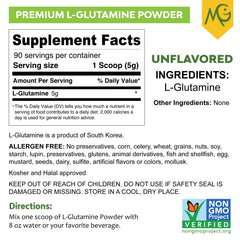 MariGold L-Glutamine powder in clear jar, neutral flavor for versatile mixing.