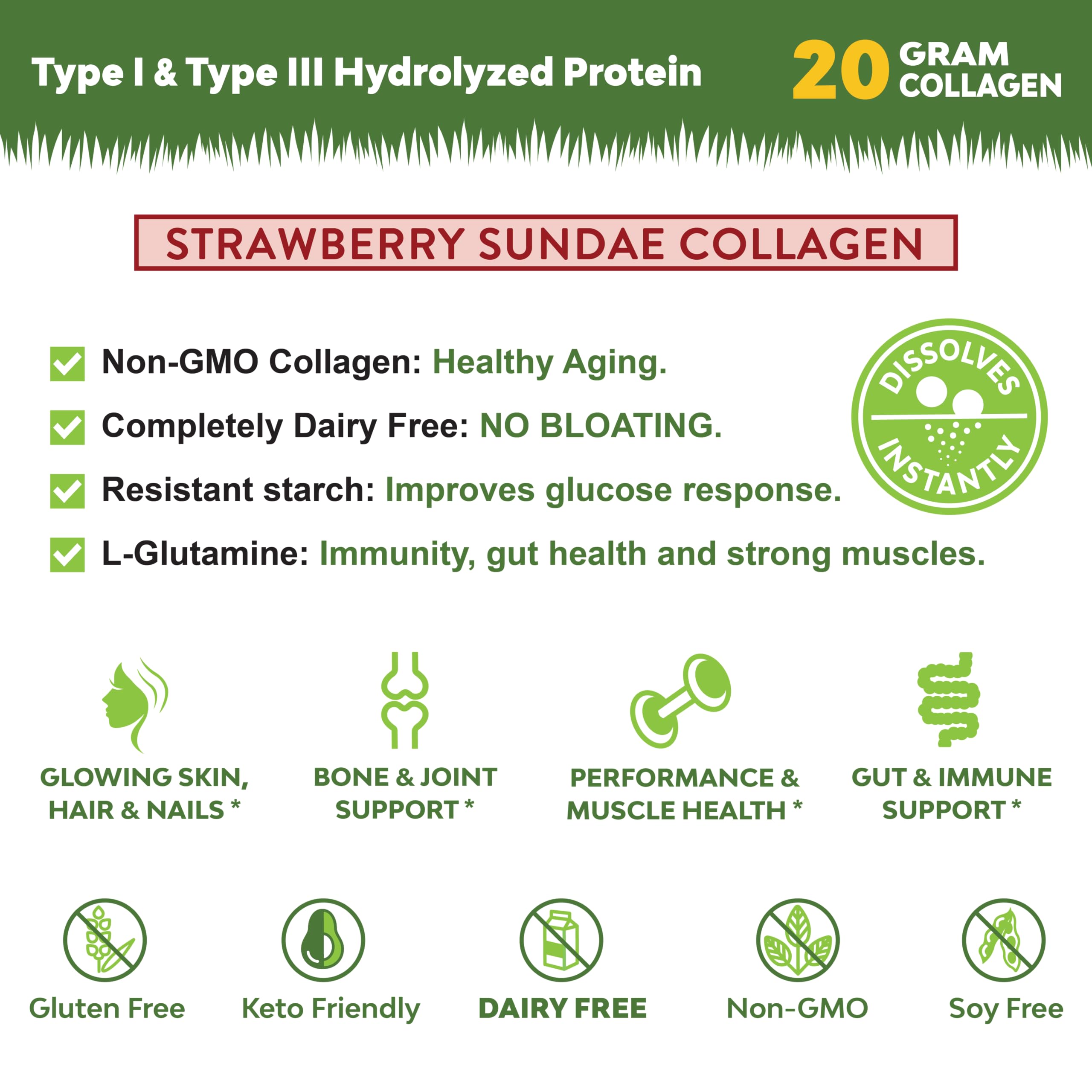 MariGold strawberry sundae collagen powder with spoon ready to mix.