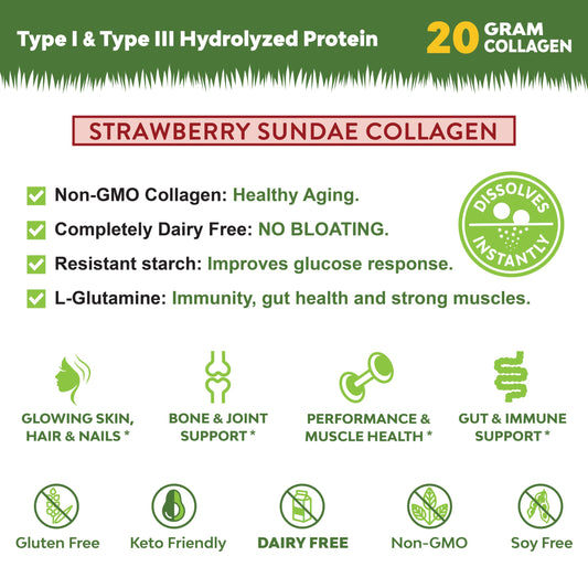 MariGold strawberry sundae collagen powder with spoon ready to mix.