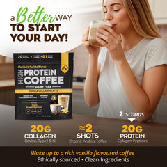 MariGold vanilla collagen coffee pour showing quick-mix readiness.