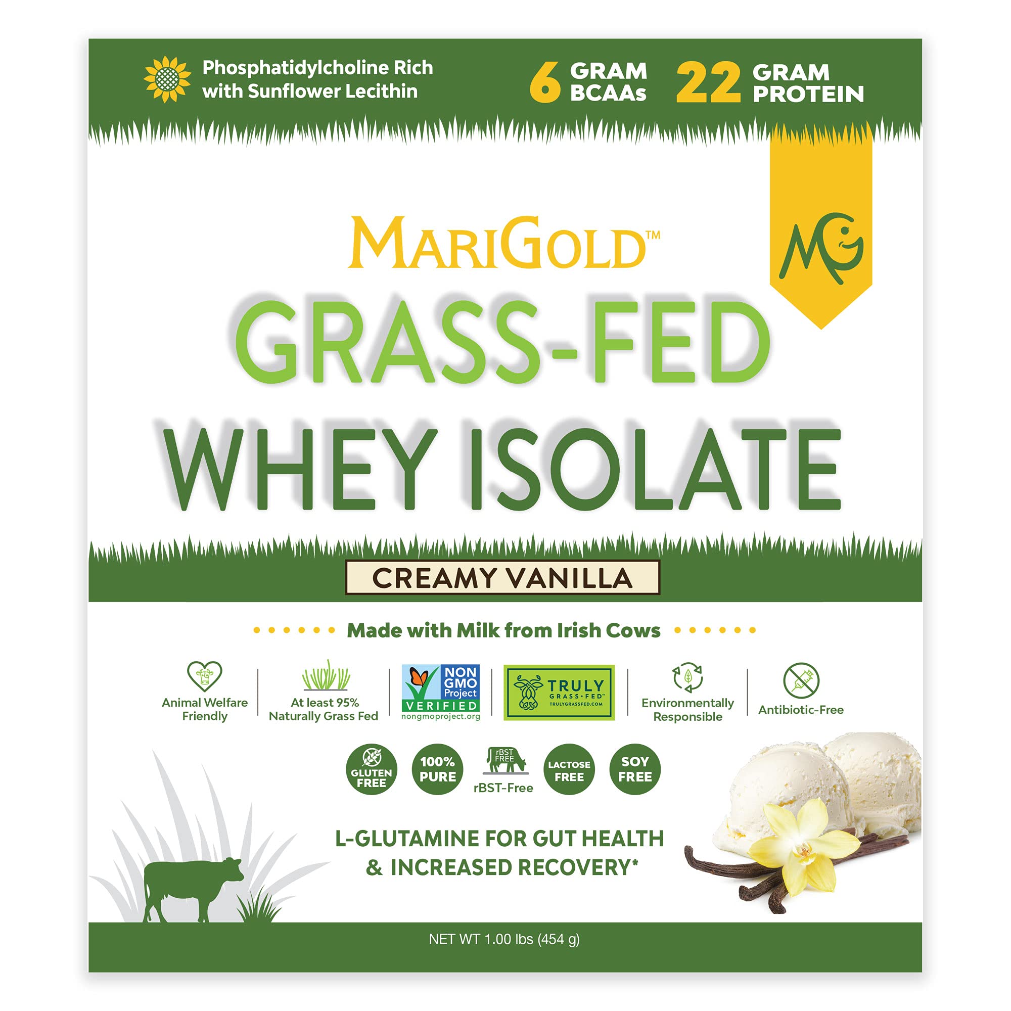 MariGold whey isolate packaging on shelf signaling premium, pure ingredients