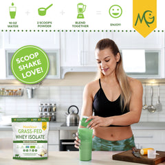 MariGold vanilla whey scoop beside a glass for daily protein routine